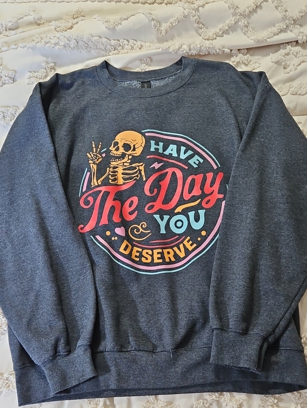 Gildan Dark Heather Gray Crewneck Sweatshirt with Multicolor Skull Graphic